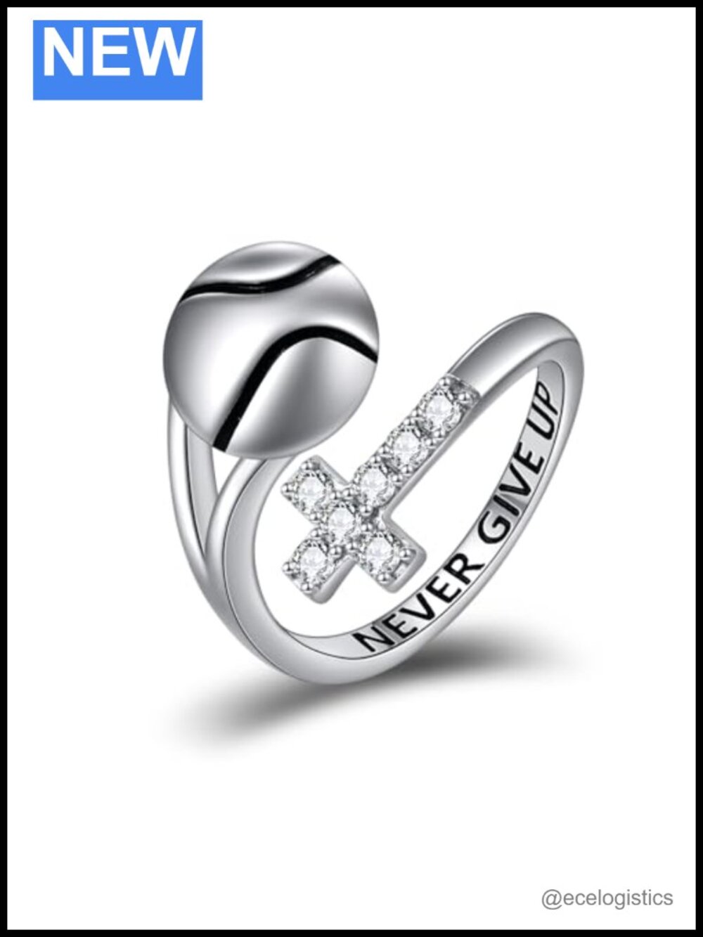 Sterling Silver Cross Adjustable Ring Never Give Up
